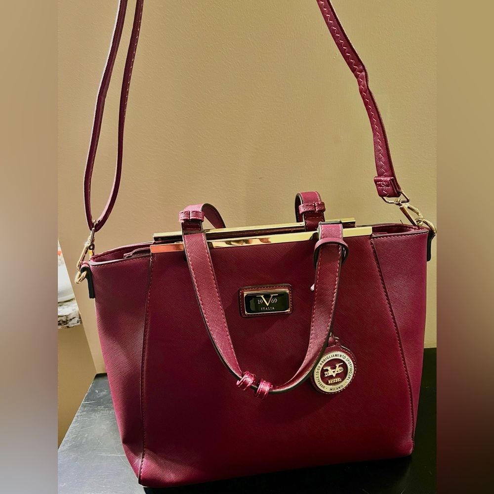 Versace 19v69 burgundy hand bag. Gold detailing. Brown lining. Like new. - Picture 5 of 5